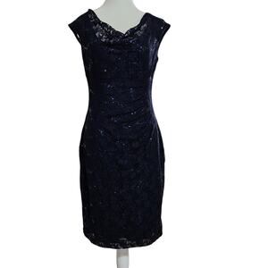 Lauren Ralph Lauren Navy Sequined Lacy Cowl Neck Dress Size 6 Side Ruching